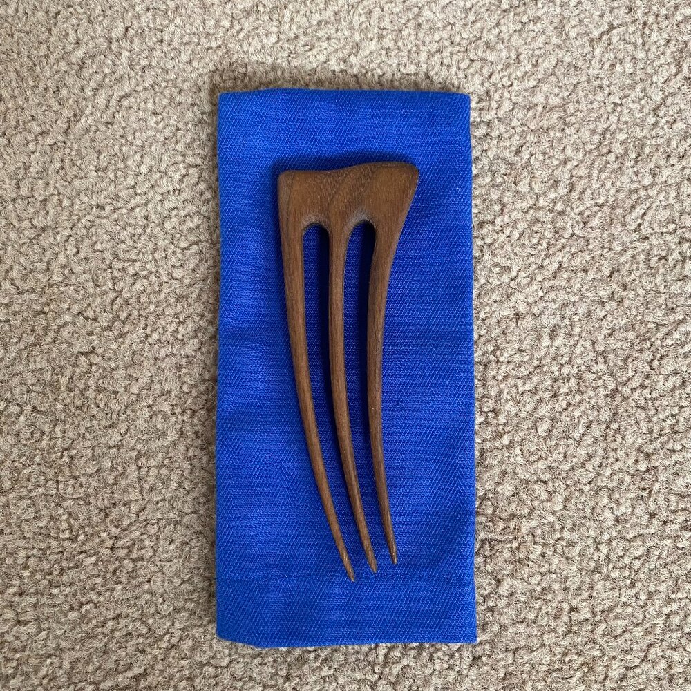 Walnut Wood Hair Fork Three Pronged Lightweight MD Wooden Art Lithuanian
